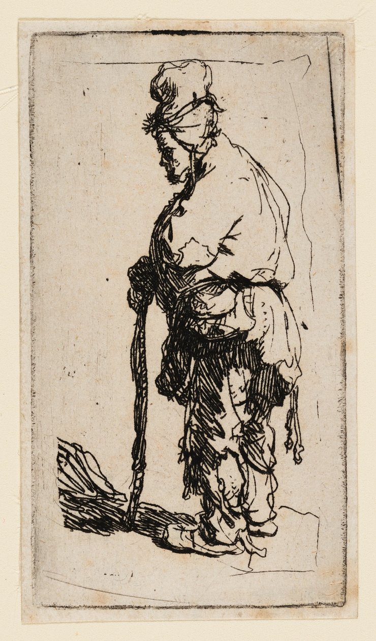 Kerjäläinen nojaten kepille, kasvot vasemmalle tekijältä Rembrandt van Rijn