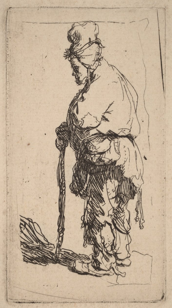 Keppiin nojaava kerjäläinen, katse vasemmalle tekijältä Rembrandt van Rijn
