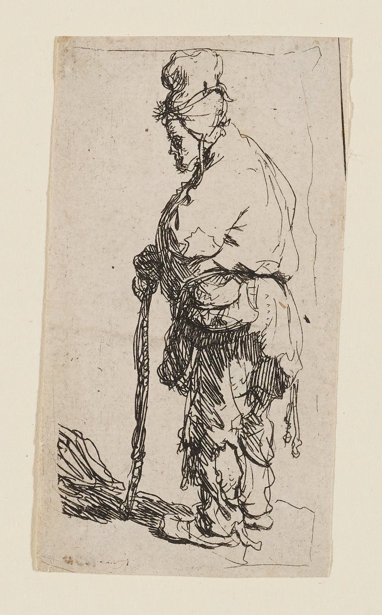 Sauvaan nojaava kerjäläinen kasvot vasemmalle tekijältä Rembrandt van Rijn