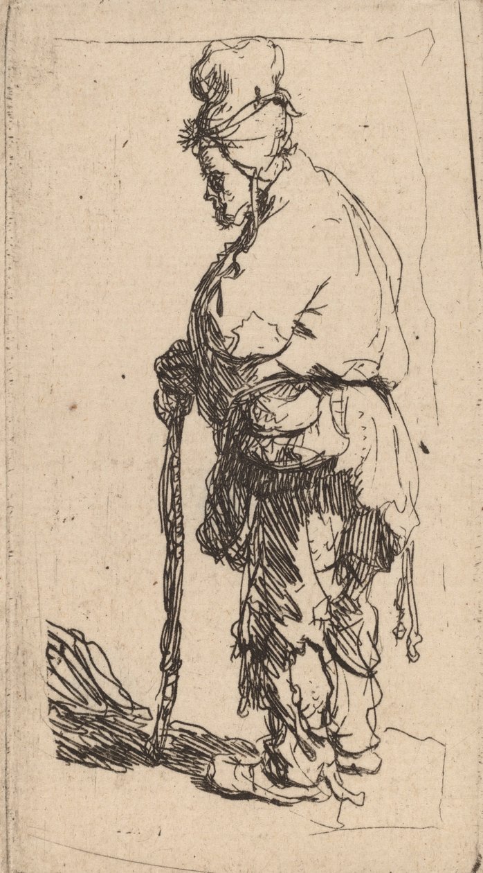 Kerjäläinen kepille nojaava, kasvot vasemmalle, c. 1630. tekijältä Rembrandt van Rijn
