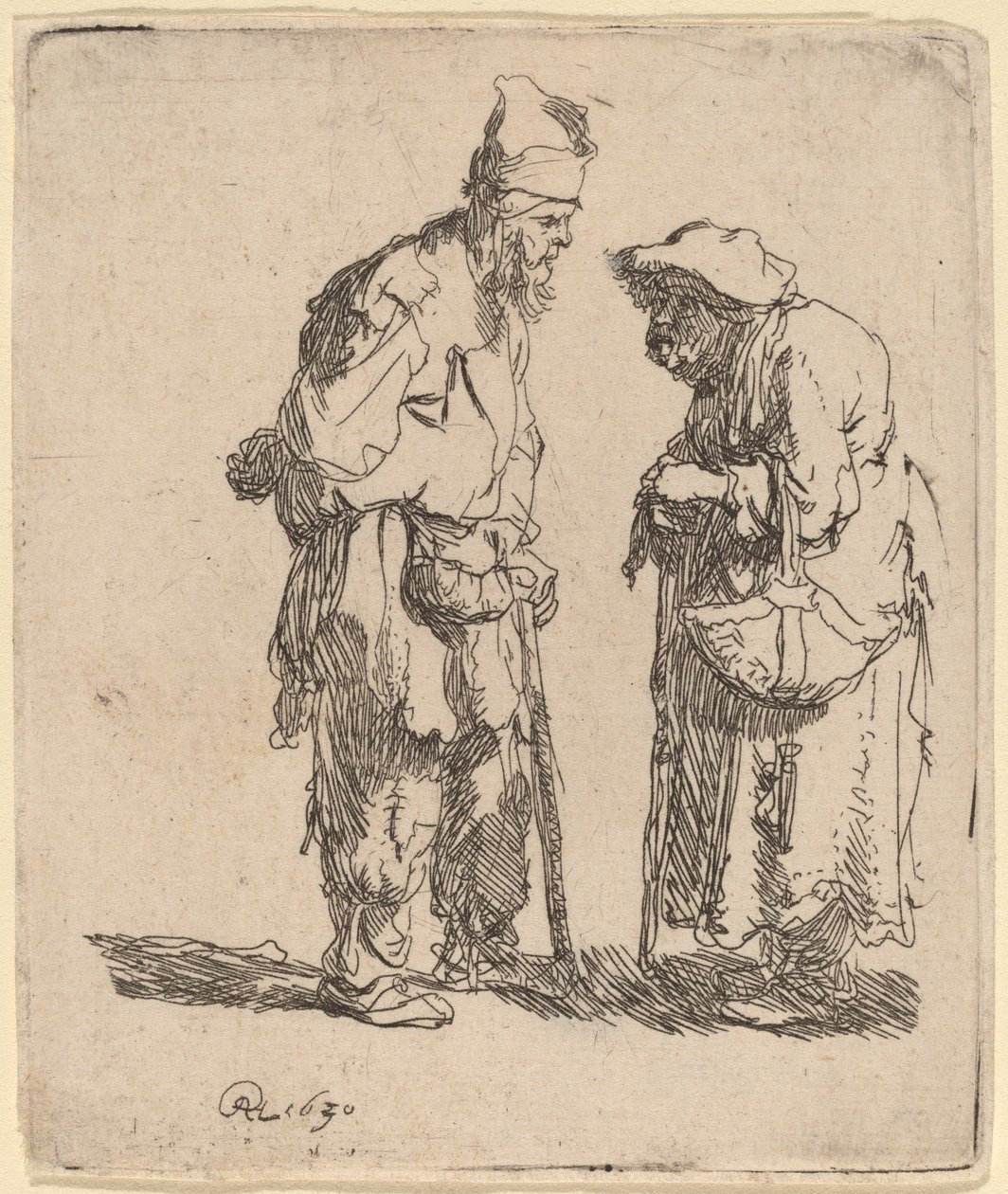 Kerjäläinen mies ja kerjäläinen nainen keskustelevat tekijältä Rembrandt van Rijn