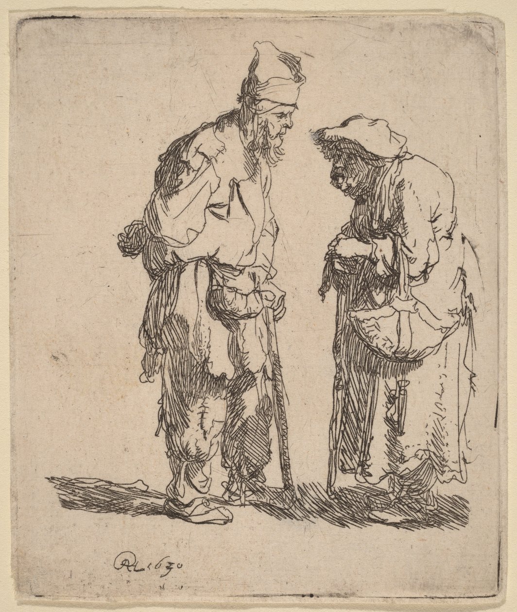 Keskustelevat kerjäläismies ja kerjäläisnainen tekijältä Rembrandt van Rijn