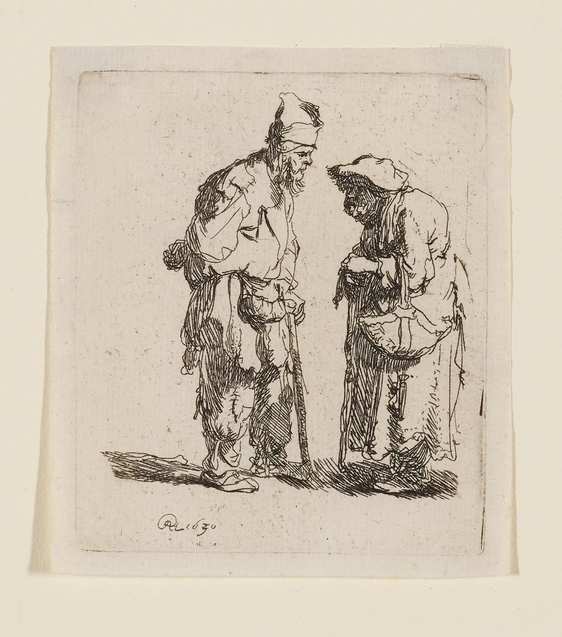 Keskustelevat kerjäläismies ja kerjäläisnainen tekijältä Rembrandt van Rijn