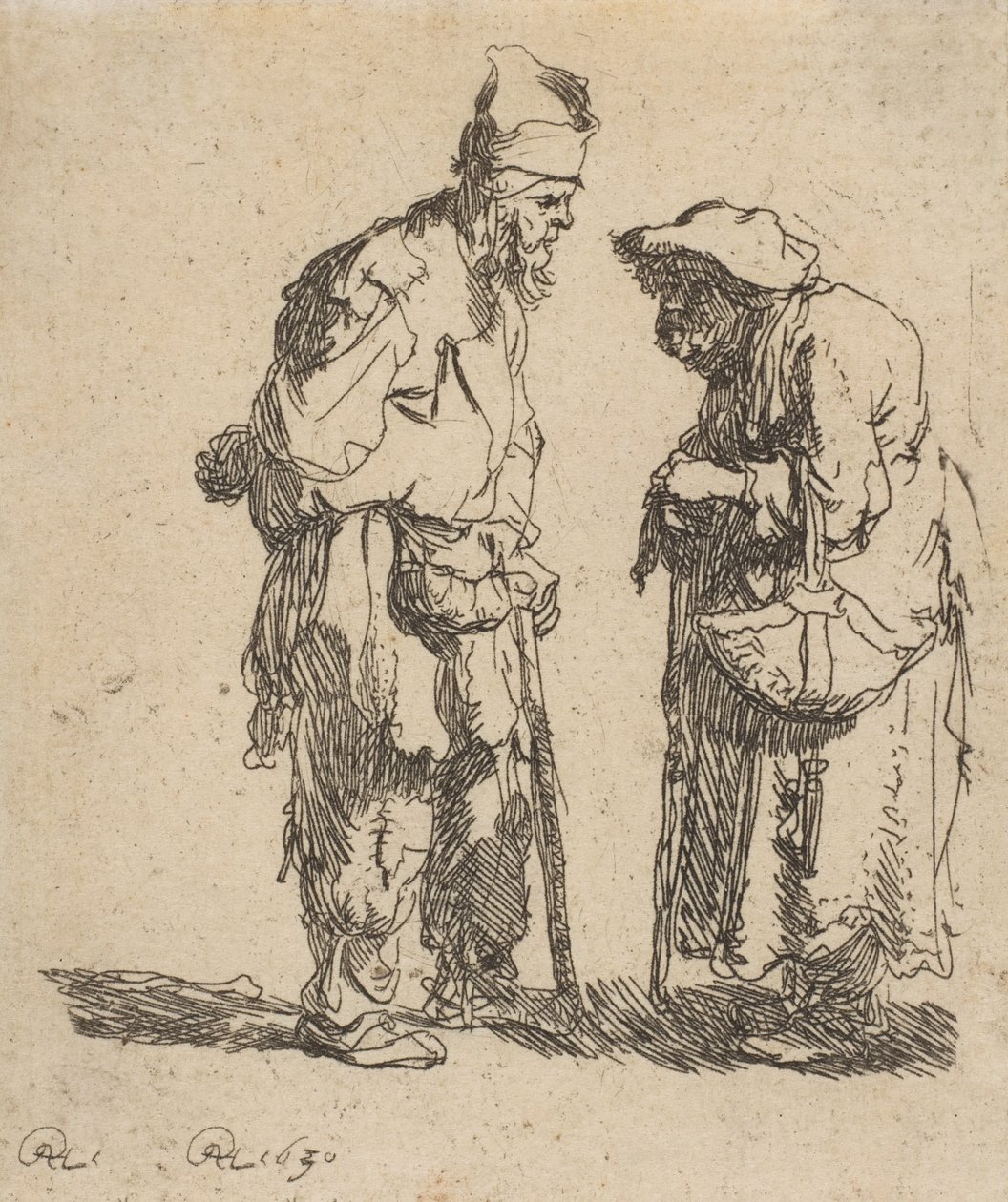 Kerjäläinen mies ja kerjäläinen nainen keskustelevat, 1630, 1630. tekijältä Rembrandt van Rijn