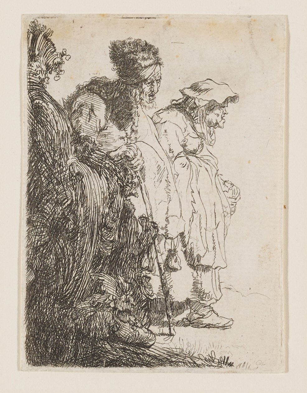 Kerjäläismies ja kerjäläisnainen pankin takana tekijältä Rembrandt van Rijn