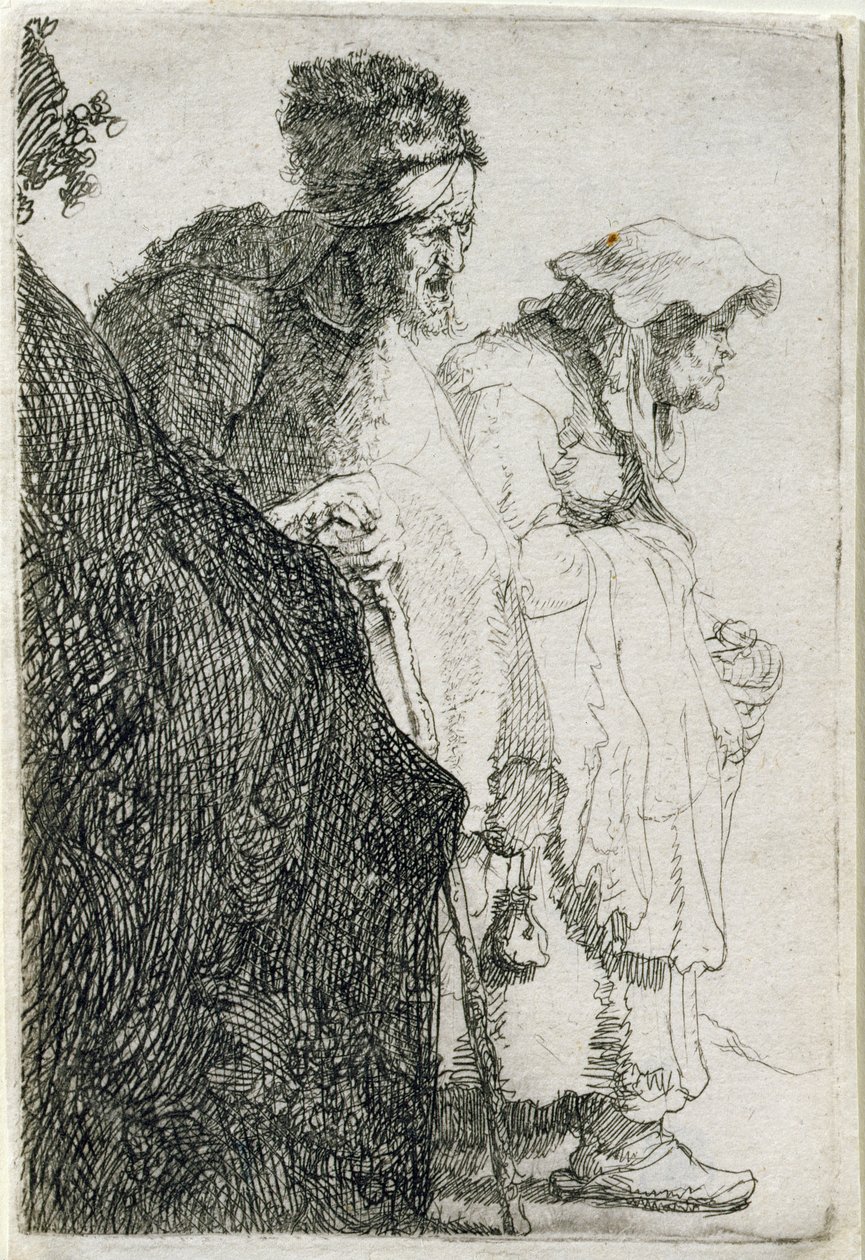 Kerjäläinen mies ja nainen pankin takana, n. 1630 tekijältä Rembrandt van Rijn