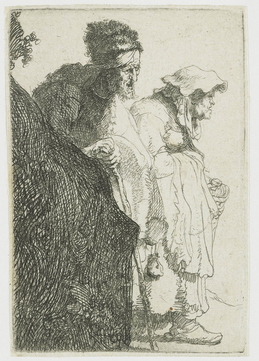 Kerjäläinen mies ja nainen pankin takana Kerjäläinen mies ja nainen pankin takana tekijältä Rembrandt van Rijn