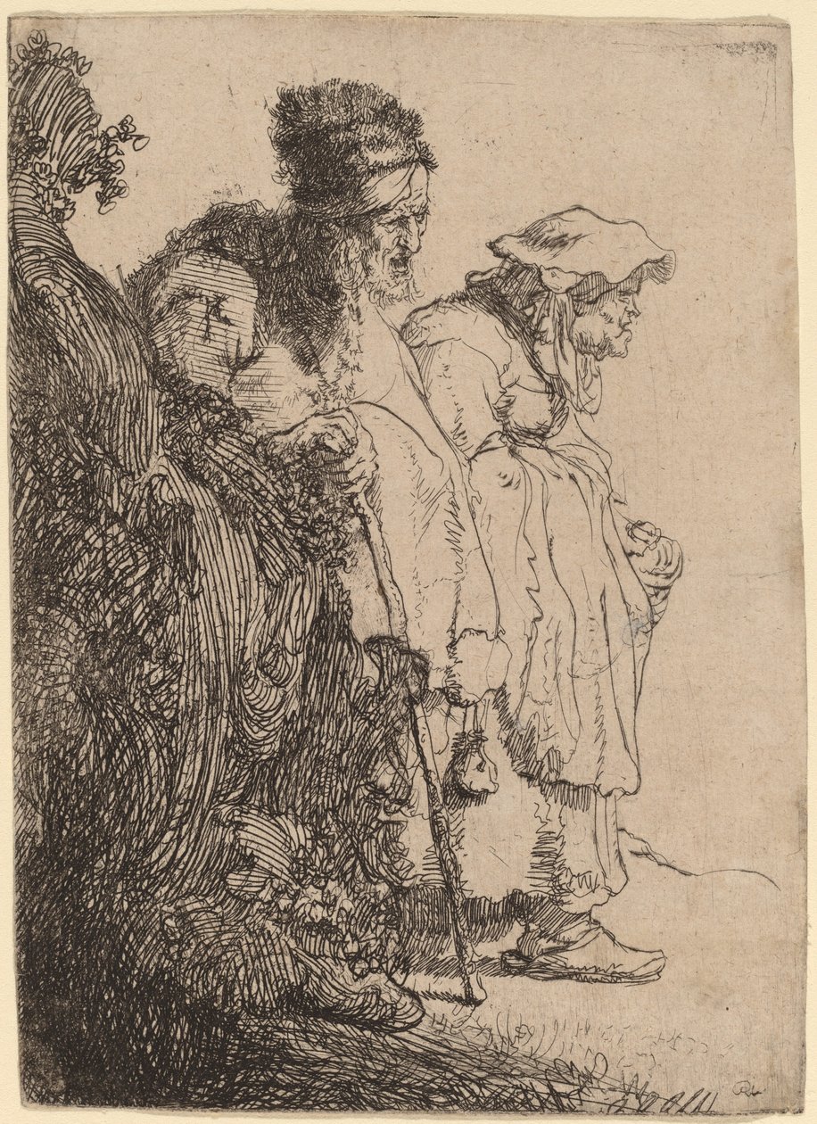 Kerjäläinen mies ja nainen pankin takana tekijältä Rembrandt van Rijn
