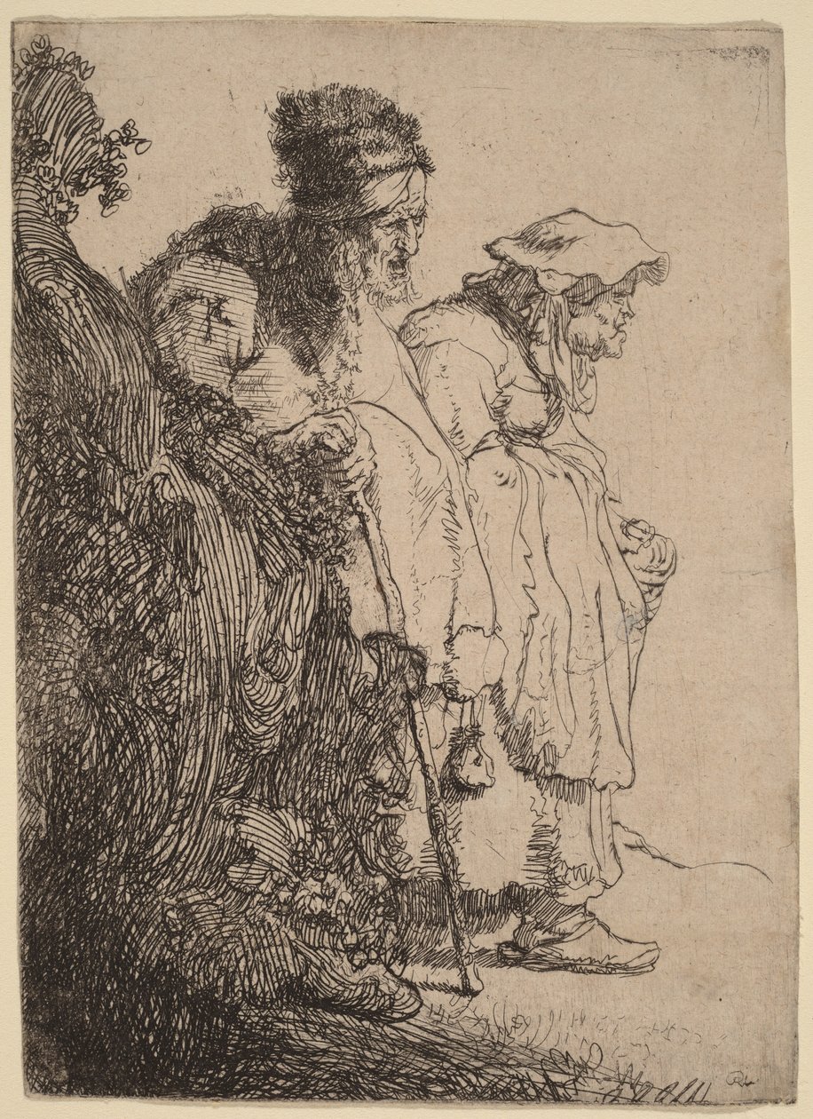 Pankin takana seisovat kerjäläismies ja -nainen tekijältä Rembrandt van Rijn