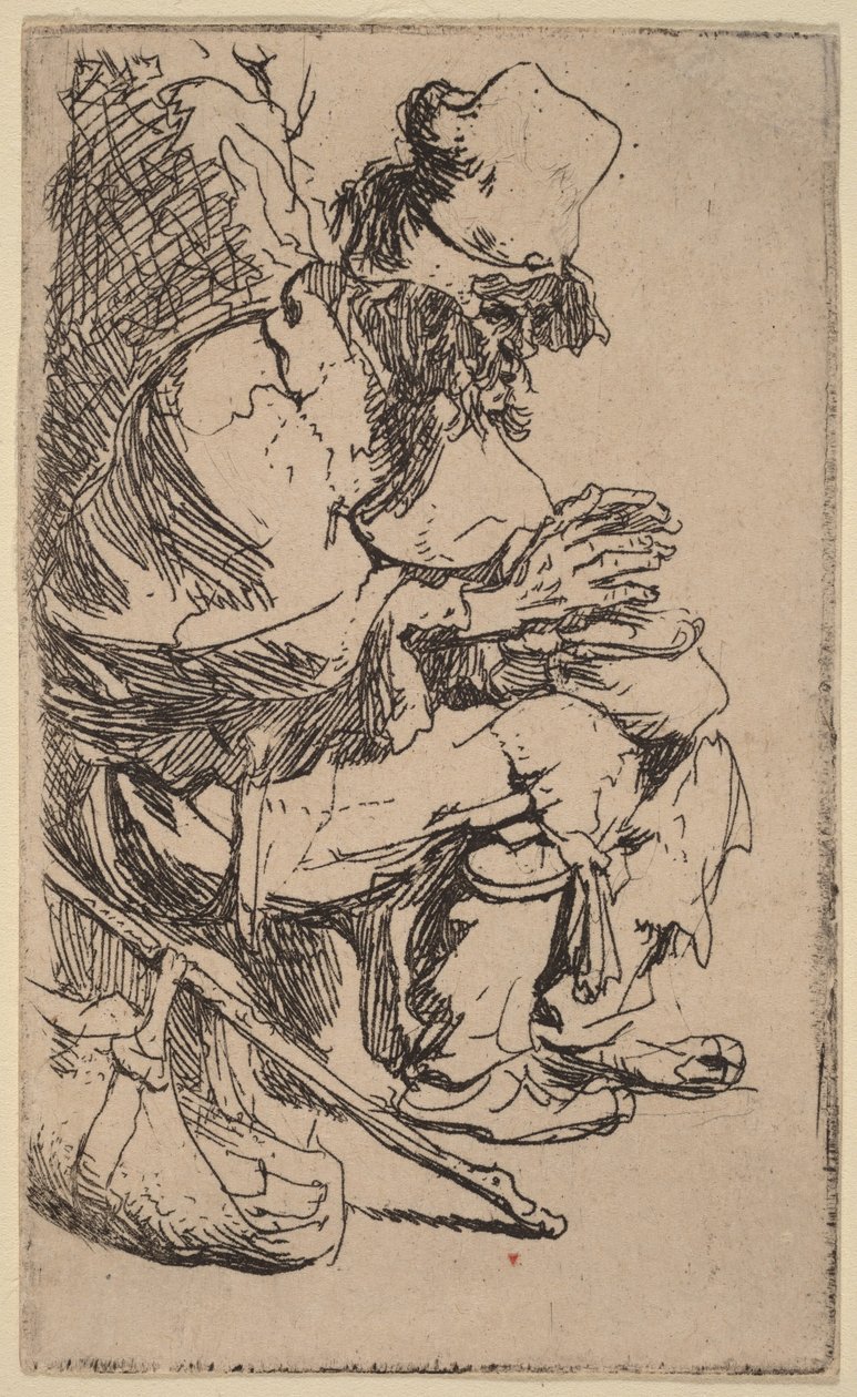 Istuva kerjäläinen, joka lämmittää käsiään lämpöastiassa tekijältä Rembrandt van Rijn