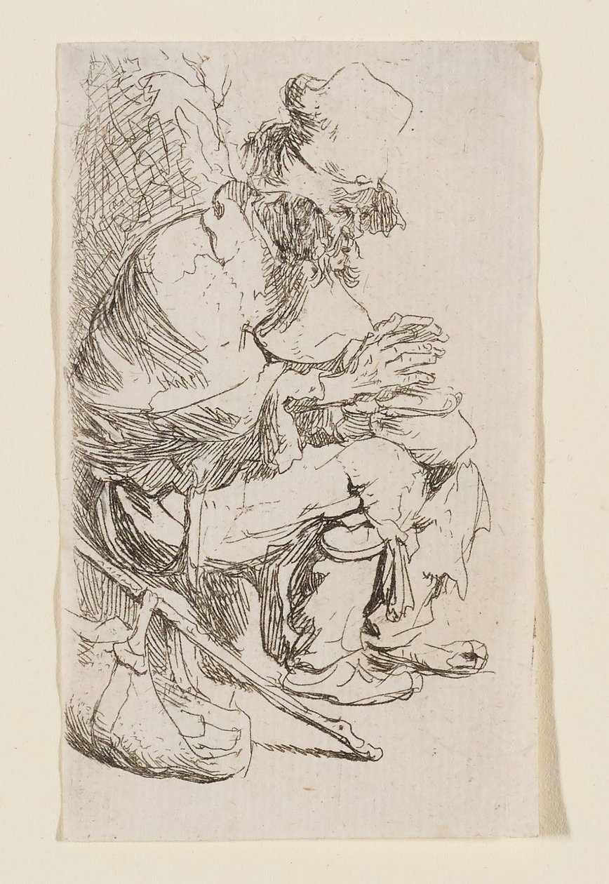 Istuva kerjäläinen lämmittelemässä käsiään hiilipannun ääressä tekijältä Rembrandt van Rijn