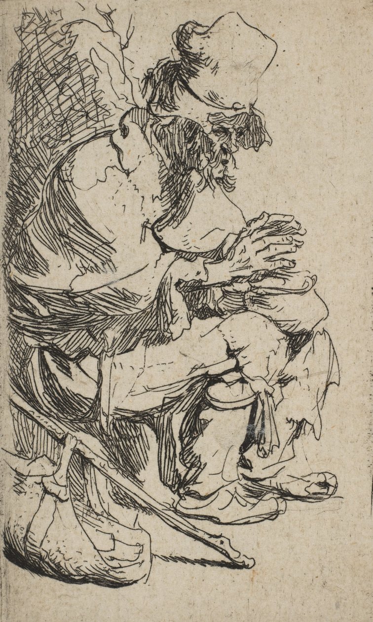 Kerjäläinen istuu ja lämmittää käsiään hankaavalla lautasella, n. 1630, n. 1630. tekijältä Rembrandt van Rijn