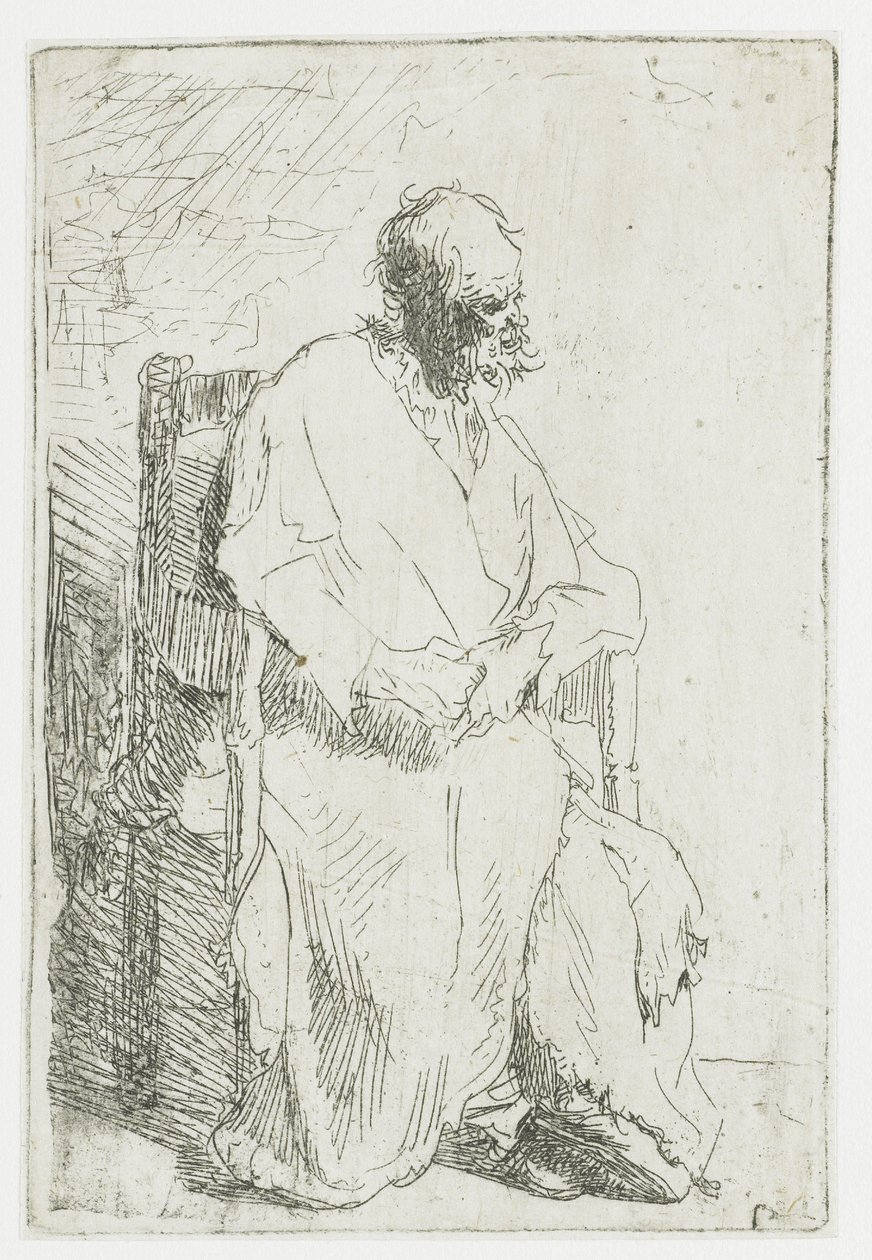 Kerjäläinen, istumassa nojatuolissa tekijältä Rembrandt van Rijn