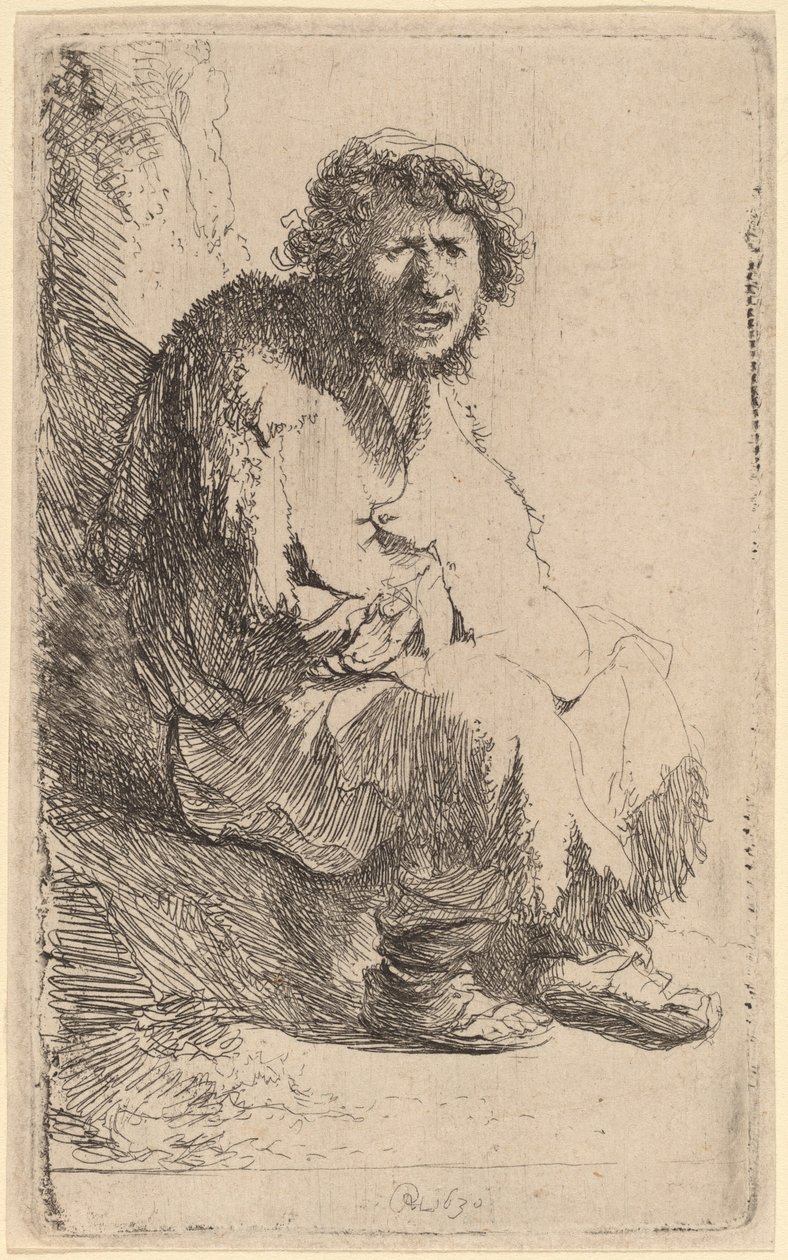 Kerjäläinen istuu pankissa tekijältä Rembrandt van Rijn
