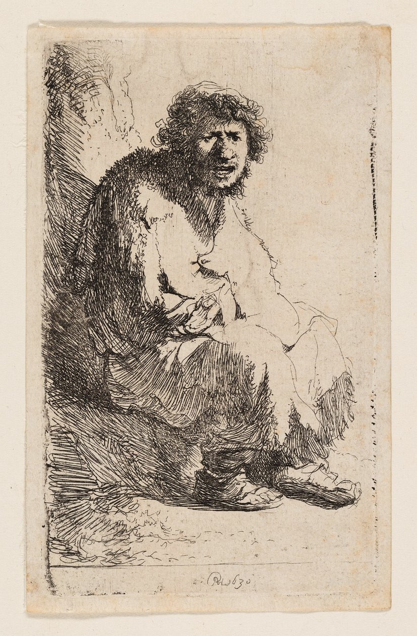 Kerjäläinen istuu pankissa tekijältä Rembrandt van Rijn