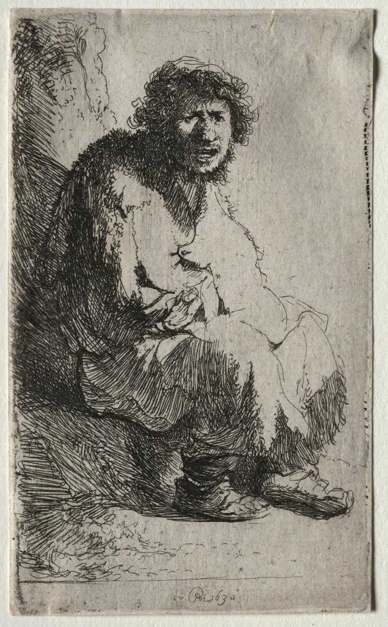 Kerjäläinen istuu pankissa, 1630. tekijältä Rembrandt van Rijn
