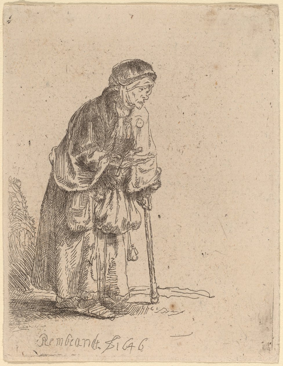 Kerjäläinen nainen nojaten kepille tekijältä Rembrandt van Rijn