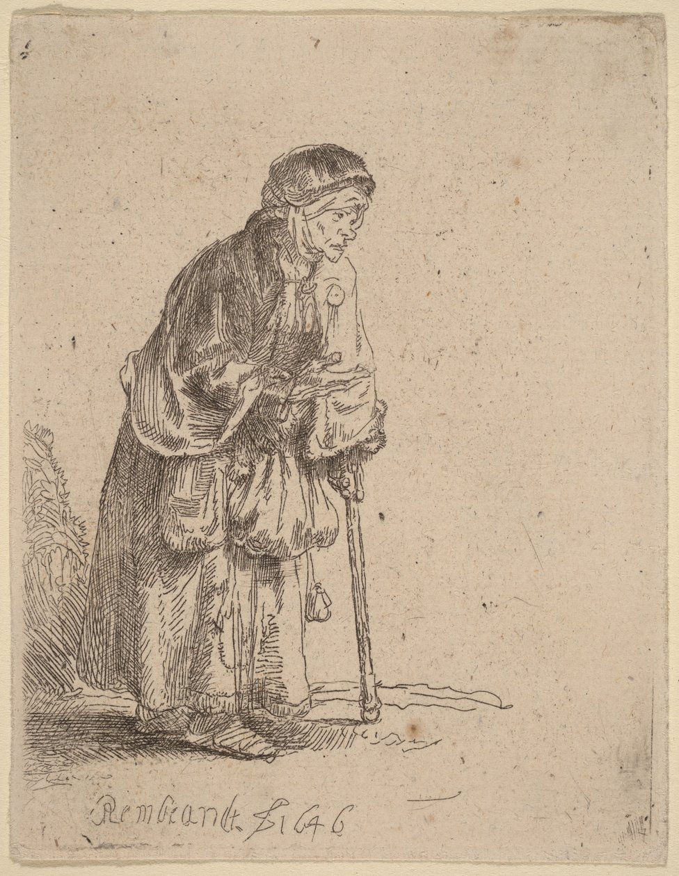 Keppiin nojaava kerjäläisnainen tekijältä Rembrandt van Rijn