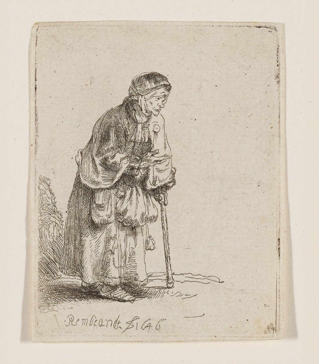 Kerjäläisnainen sauvaan nojaten tekijältä Rembrandt van Rijn