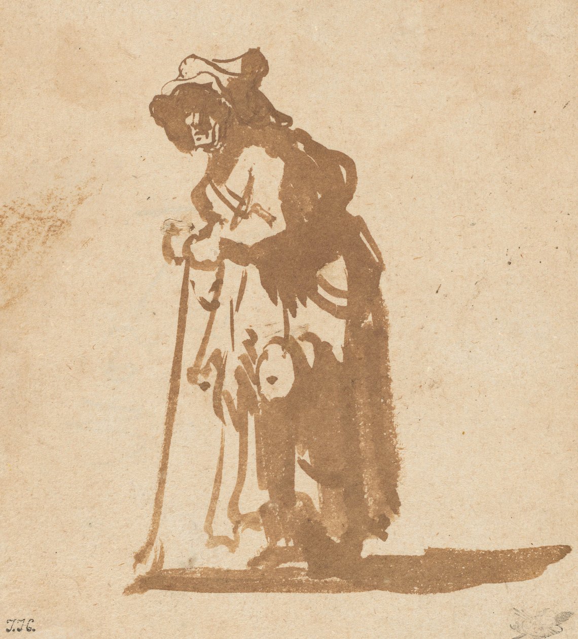 Kerjäläinen nojaa kepille, 16281630. tekijältä Rembrandt van Rijn
