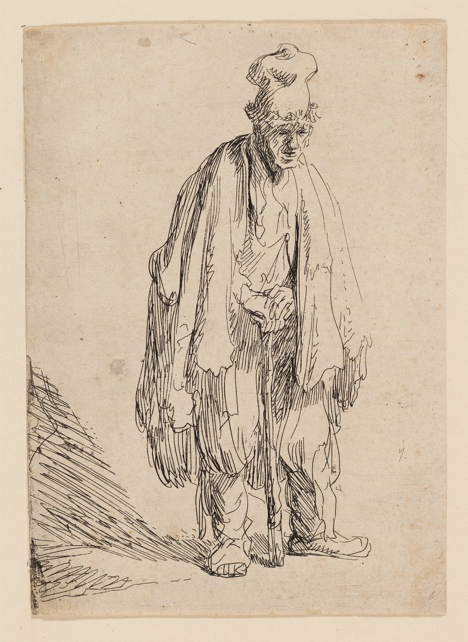 Kerjäläinen korkealakissa, seisomassa ja nojaten kepissä tekijältä Rembrandt van Rijn