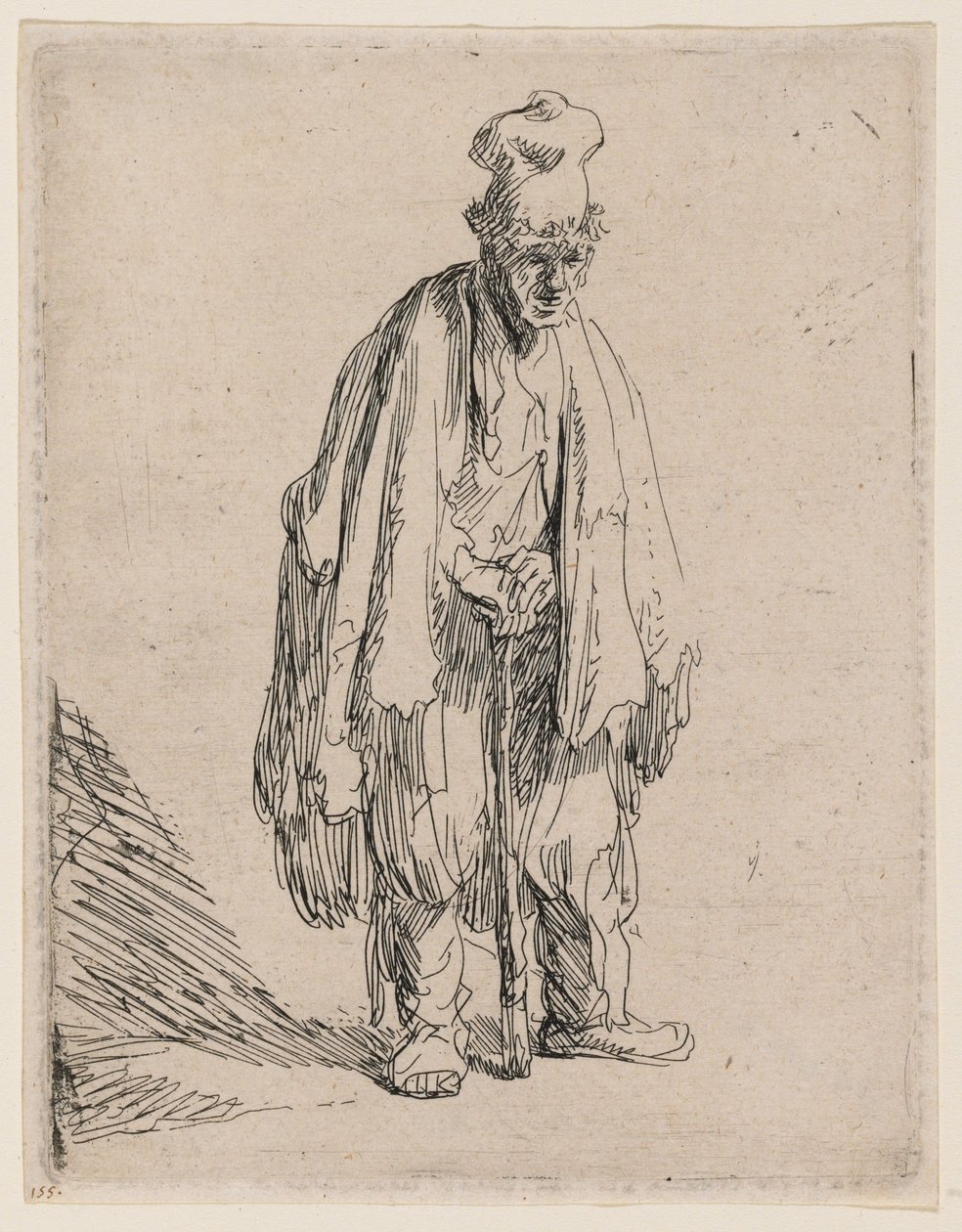 Korkean lippalakin päässään oleva kerjäläinen, seisomassa ja keppiin nojautumassa tekijältä Rembrandt van Rijn
