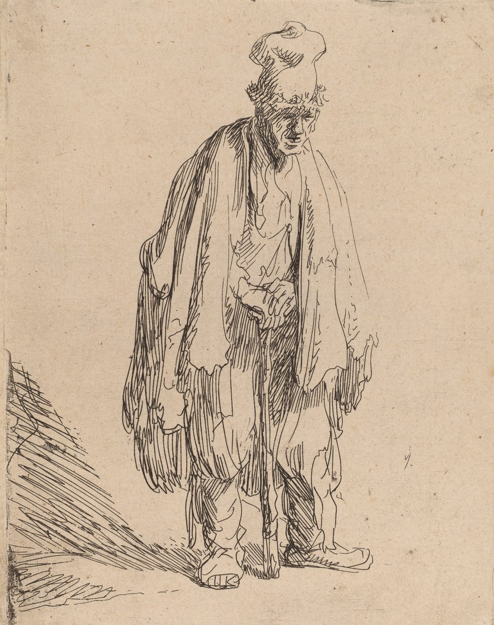 Kerjäläinen korkealakissa, seisoo ja nojaa kepille, c. 1630. tekijältä Rembrandt van Rijn