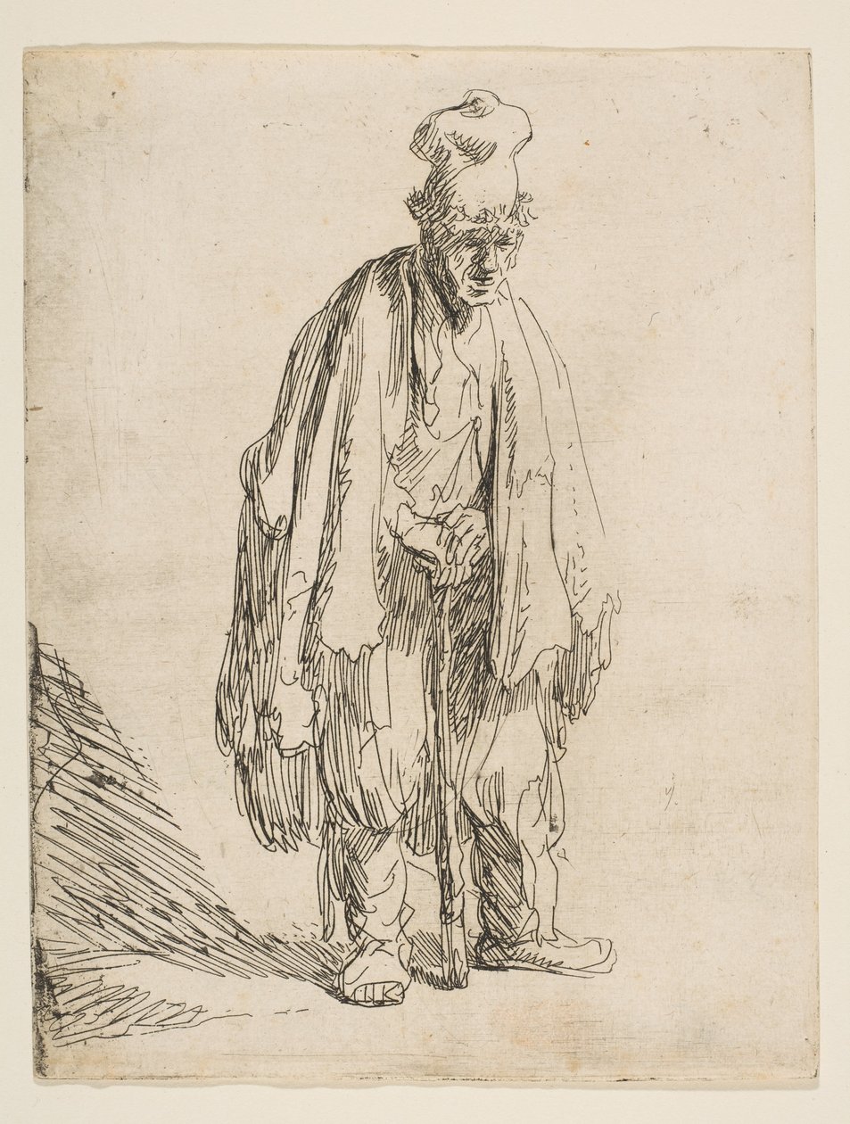 Kerjäläinen korkealakissa, seisomassa ja nojaten kepillä, n. 1629. tekijältä Rembrandt van Rijn