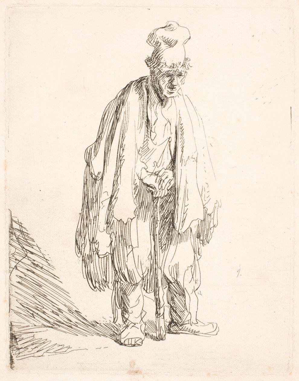 Korkeakorkkinen kerjäläinen, joka seisoo ja nojaa keppiin tekijältä Rembrandt van Rijn