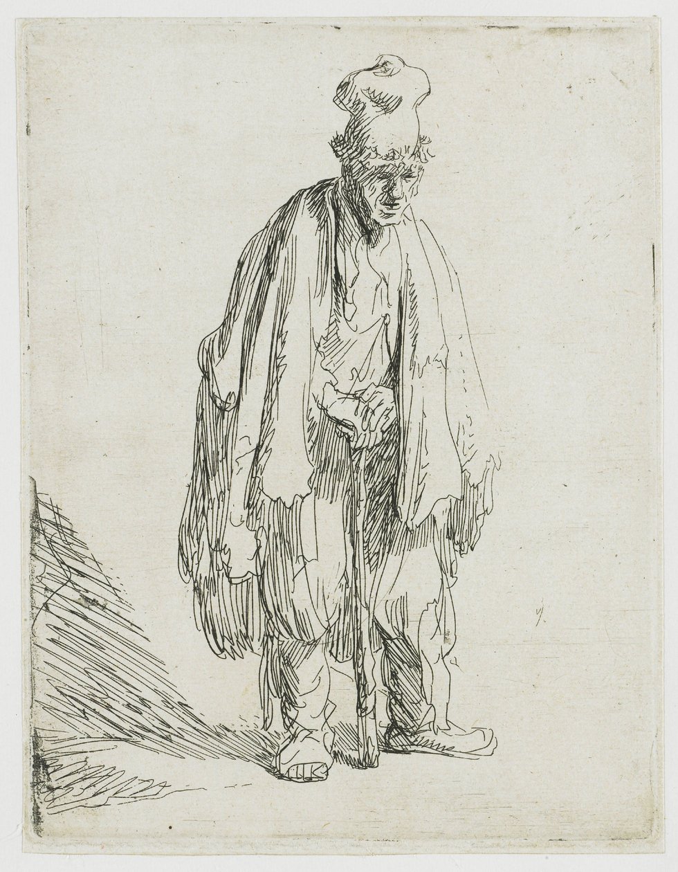 Korkeakorkkinen kerjäläinen, joka seisoo ja nojaa keppiin tekijältä Rembrandt van Rijn