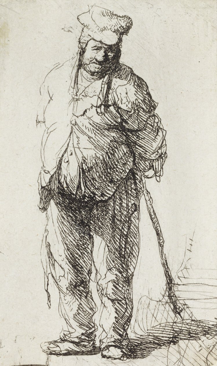 Kerjäläinen nojaa tikkuun (kynä ja muste paperille) tekijältä Rembrandt van Rijn