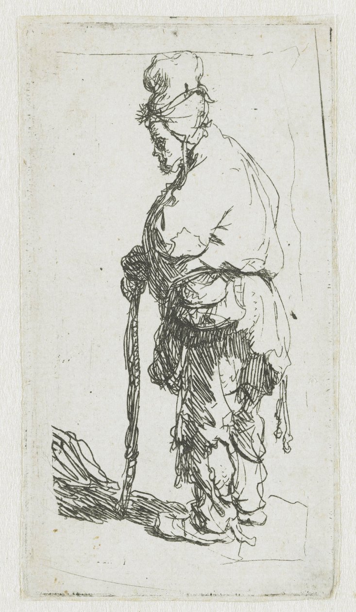 Keppiin nojaava kerjäläinen, katse vasemmalle tekijältä Rembrandt van Rijn
