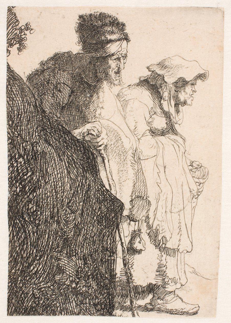 Kerjäläismies ja kerjäläisnainen pankin takana tekijältä Rembrandt van Rijn