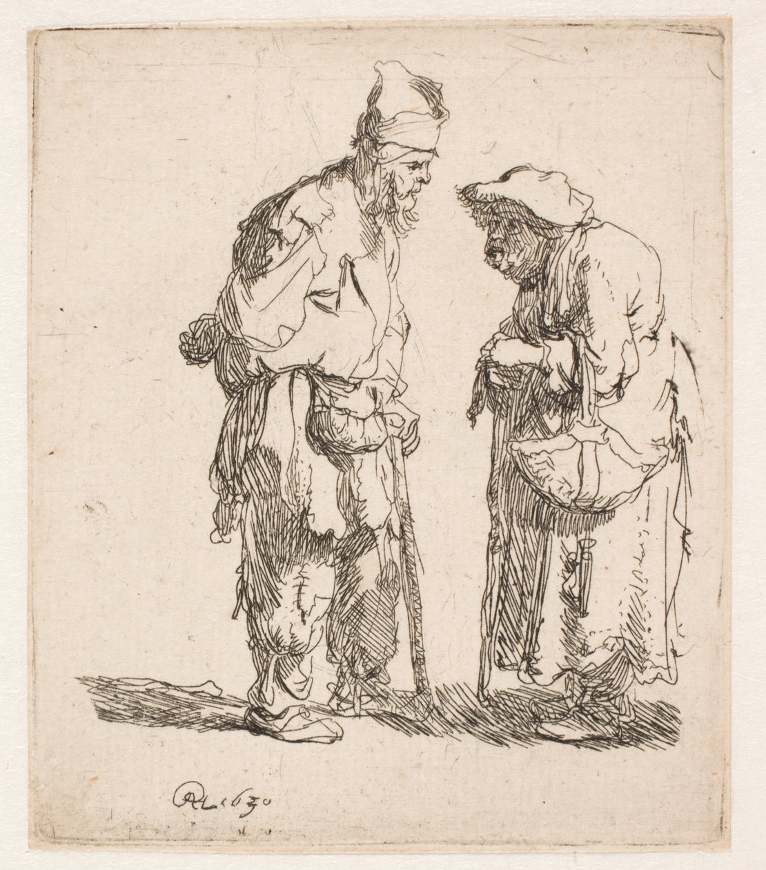 Keskustelevat kerjäläismies ja kerjäläisnainen tekijältä Rembrandt van Rijn