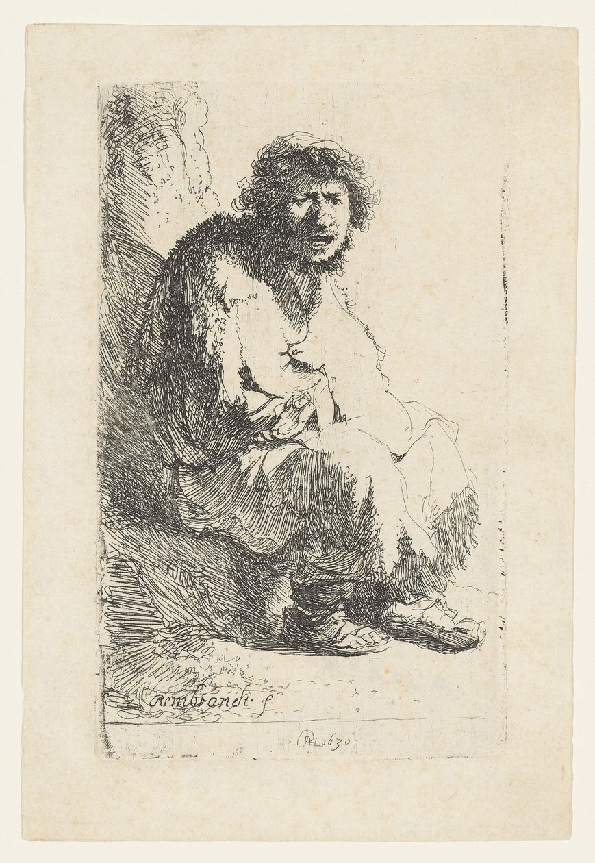 Kerjäläinen istuu pankissa, 1630 tekijältä Rembrandt van Rijn
