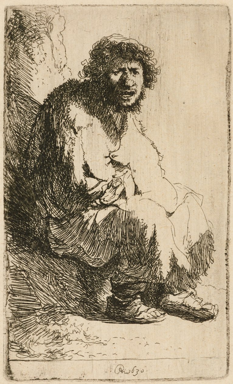 Kerjäläinen istuu pankissa, 1630. tekijältä Rembrandt van Rijn