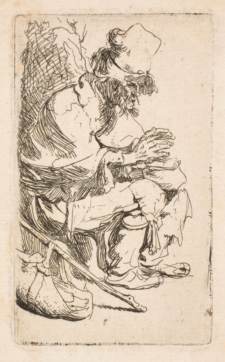 Kerjäläinen istuu lämmittämässä käsiään lämmittimellä tekijältä Rembrandt van Rijn