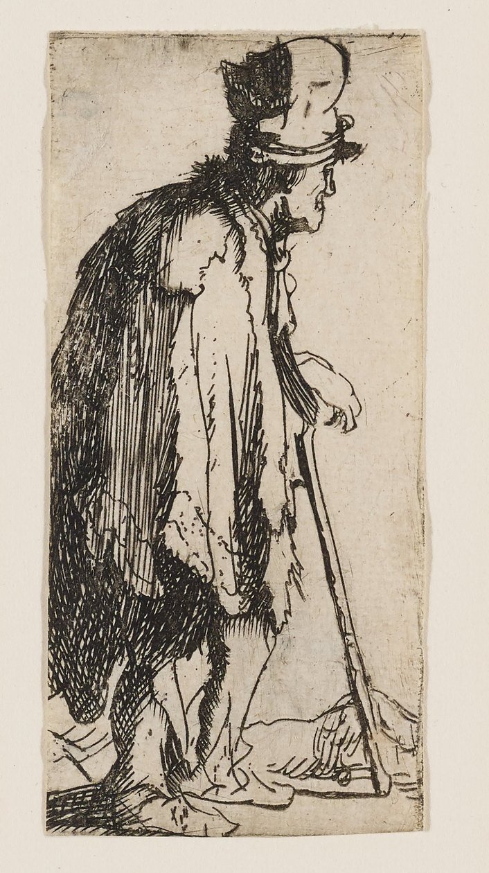 Käsi vammautunut kerjäläinen, joka nojaa keppiin tekijältä Rembrandt van Rijn