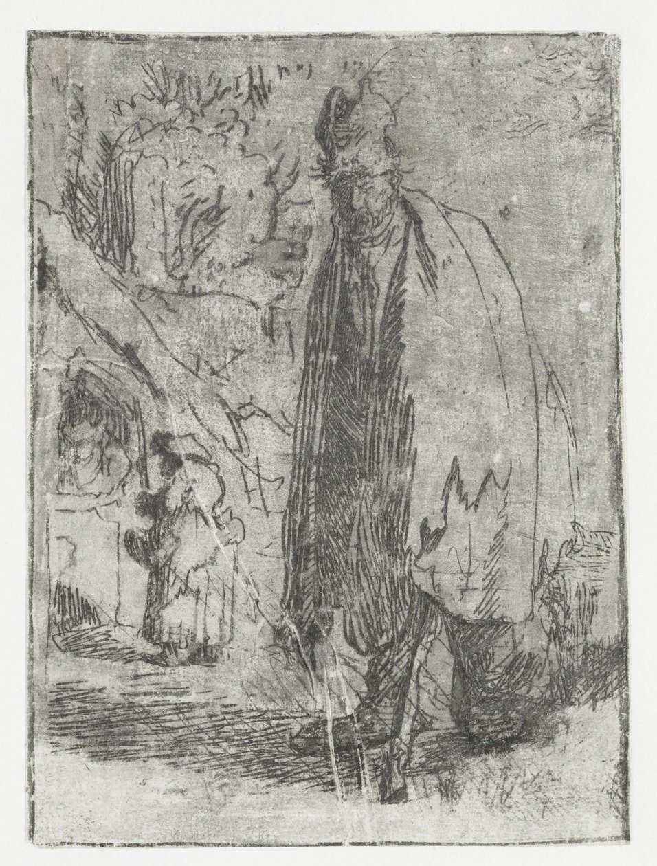 Kerjäläinen, jolla on mökki, ja kaksi hahmoa taustalla tekijältä Rembrandt van Rijn