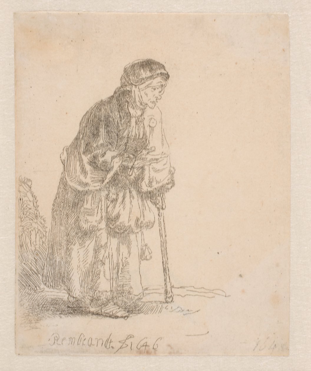 Keppiin nojaava kerjäläisnainen tekijältä Rembrandt van Rijn