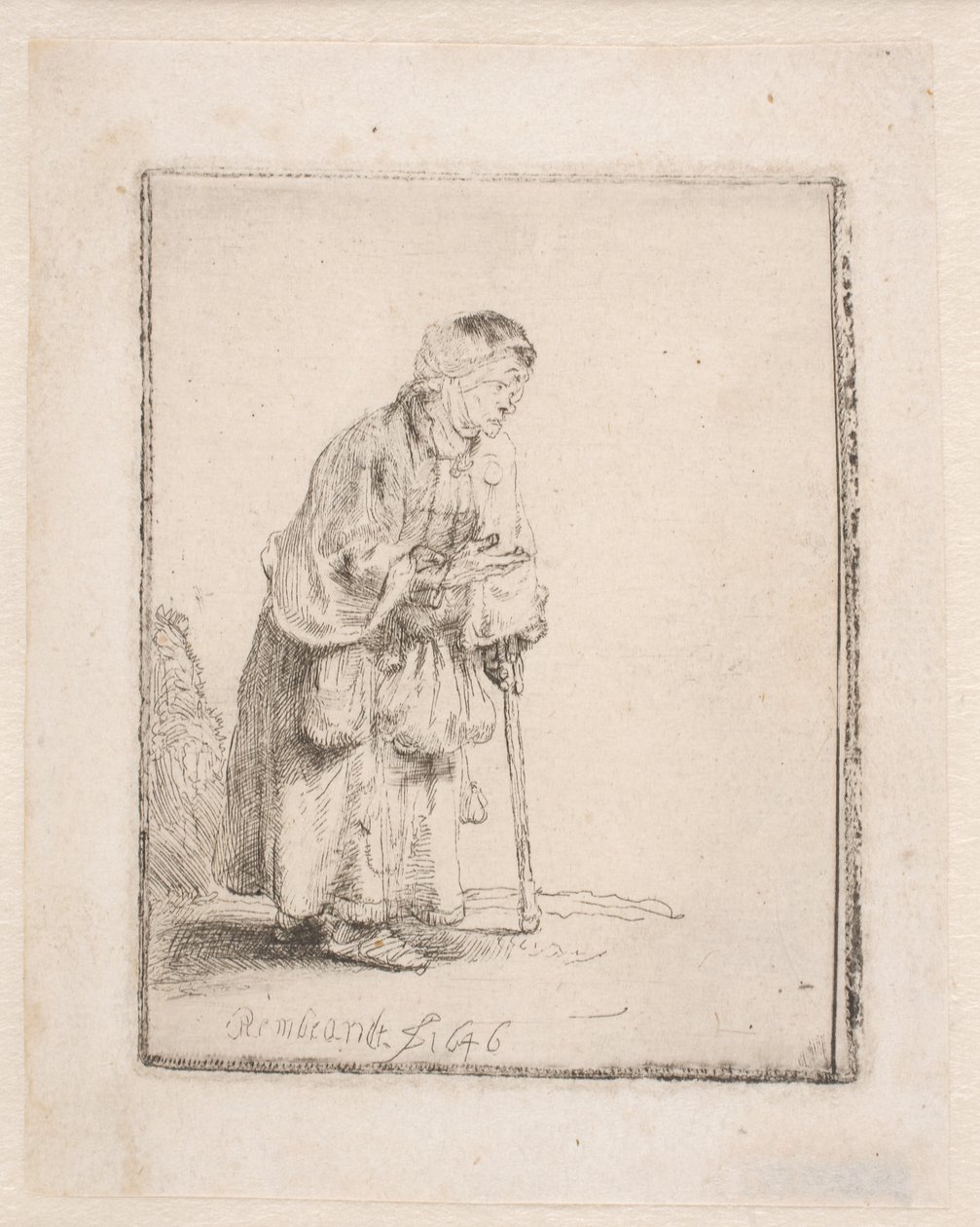 Keppiin nojaava kerjäläisnainen tekijältä Rembrandt van Rijn