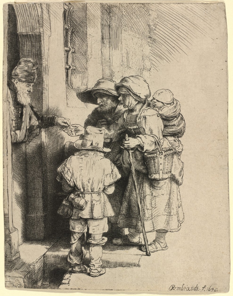 Kerjäläiset vastaanottavat almua talon ovella tekijältä Rembrandt van Rijn