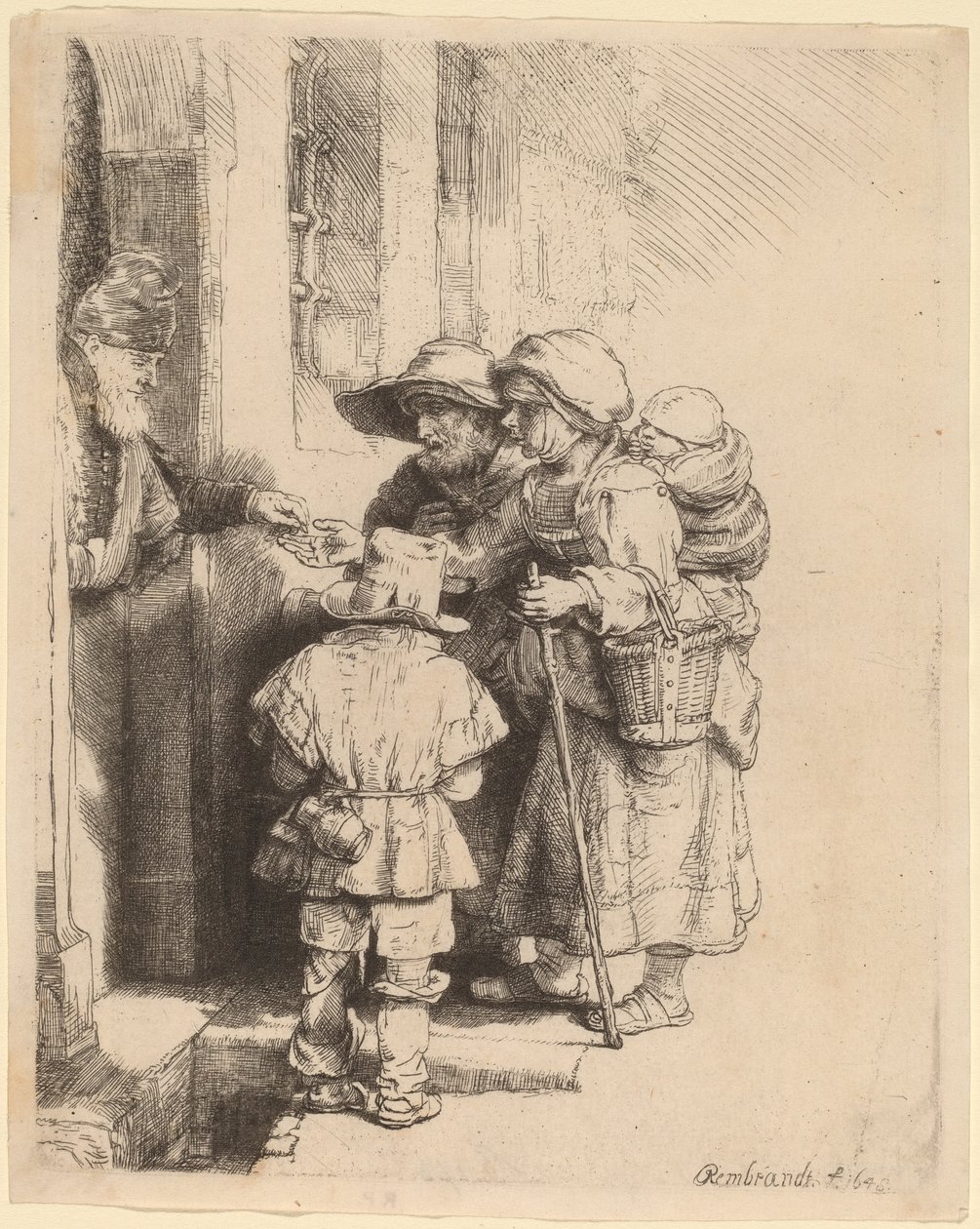 Kerjäläiset vastaanottavat almua talon ovella tekijältä Rembrandt van Rijn