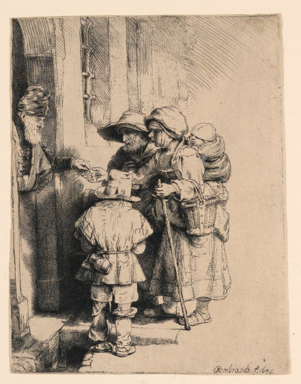 Kerjäläiset vastaanottavat almua talon ovella tekijältä Rembrandt van Rijn