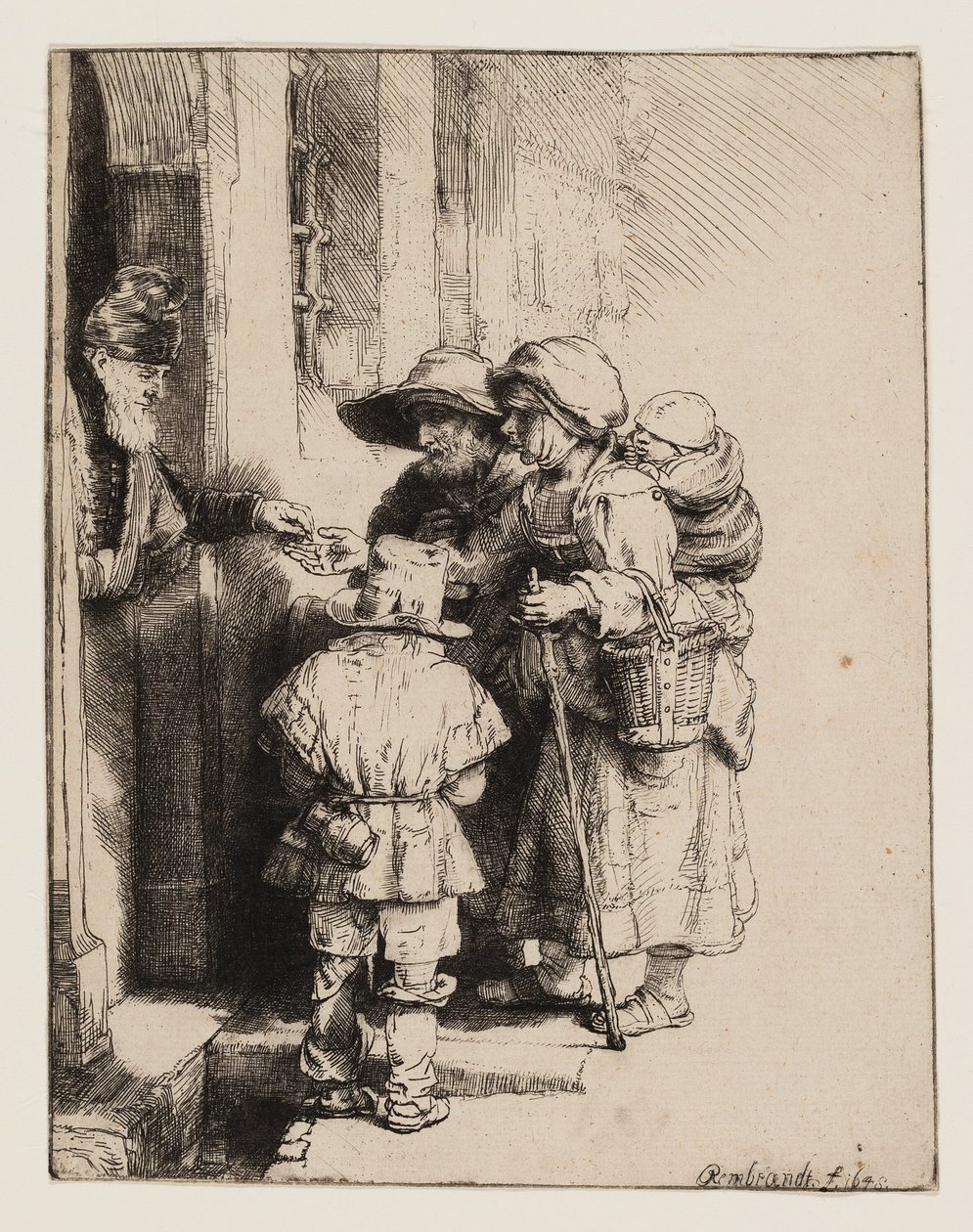 Kerjäläiset vastaanottavat almua talon ovella tekijältä Rembrandt van Rijn
