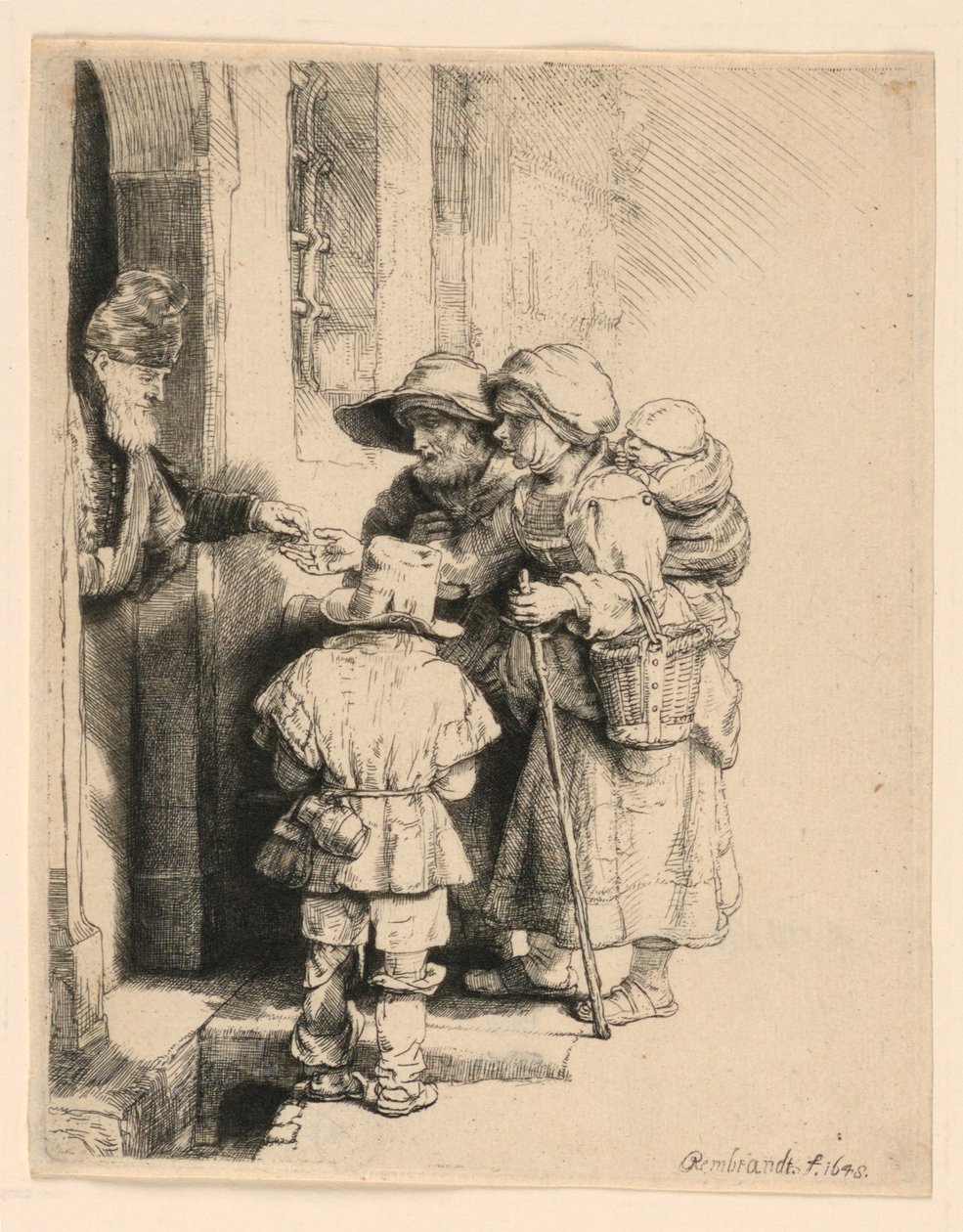 Kerjäläiset vastaanottavat almua talon ovella tekijältä Rembrandt van Rijn