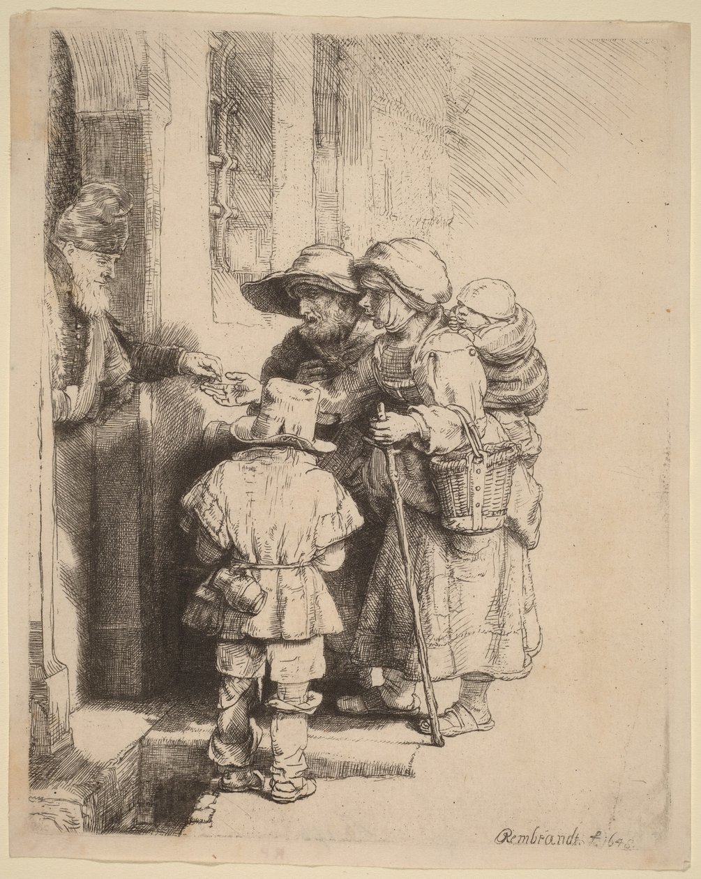 Kerjäläiset saavat almuja talon ovella tekijältä Rembrandt van Rijn