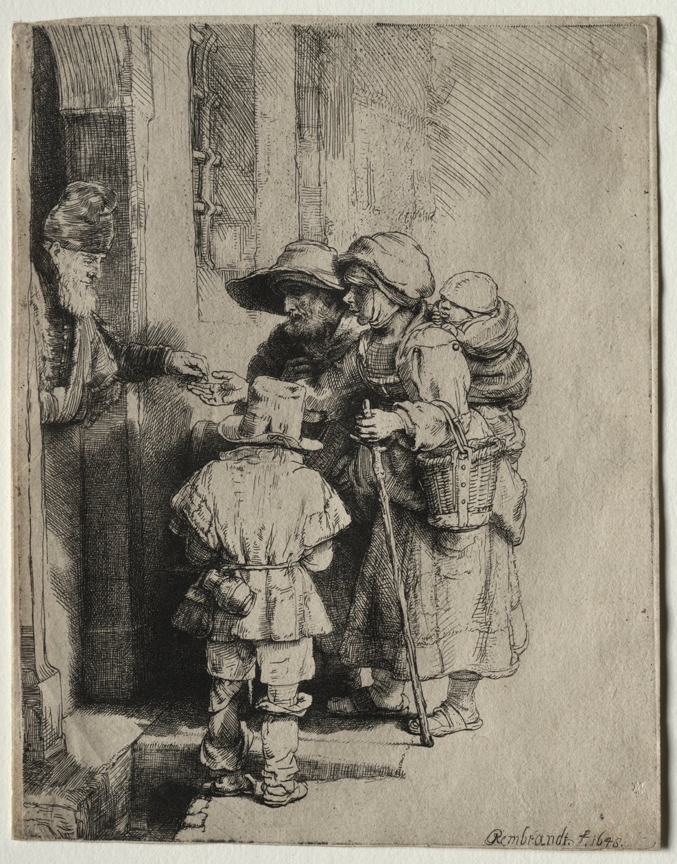 Kerjäläiset vastaanottamassa almua talon ovella, 1648. tekijältä Rembrandt van Rijn