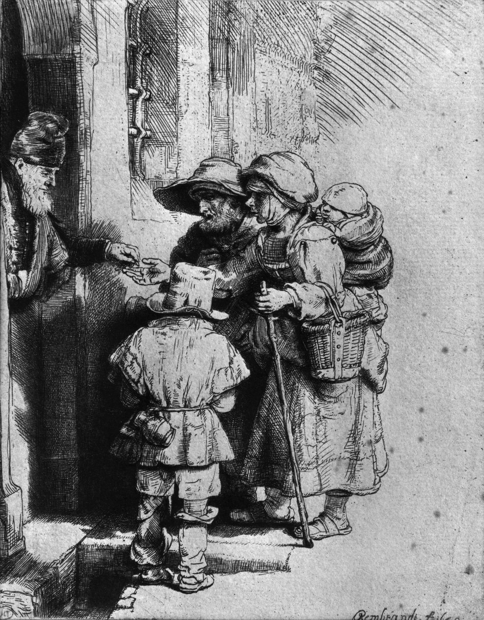 Kerjäläisiä talon kynnyksellä, 1648 tekijältä Rembrandt van Rijn
