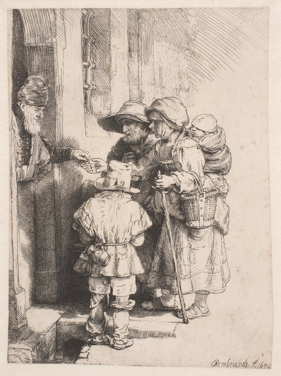 Kerjäläiset, jotka saavat almuja talon ovella tekijältä Rembrandt van Rijn